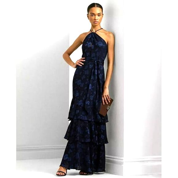 Lauren Ralph Lauren Floral Tiered Jacquard Gown Halter Dress Women's Size 8 NWT - Picture 2 of 16